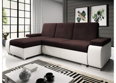 Modernaus dizaino minkštas kampas su patogiomis pagalvėlėmis ir plačiais porankiais baltos ir tamsiai rudos spalvos Rob Lat