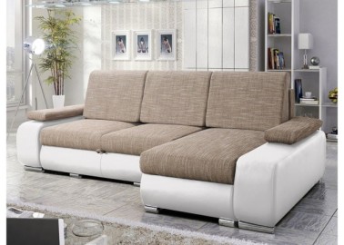 Modernaus dizaino minkštas kampas su patogiomis pagalvėlėmis ir plačiais porankiais baltos ir šviesiai rudos spalvos Rob Lat