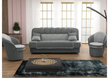 Modernus minkštų baldų komplektas su sofa-lova ir dviem foteliais