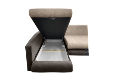 Smėlio spalvos su tamsiai rudais porankiais modernaus dizaino ypatingai patogus minkštas kampas Mini su miegama dalimi ir dviem patalynės dėžėmis