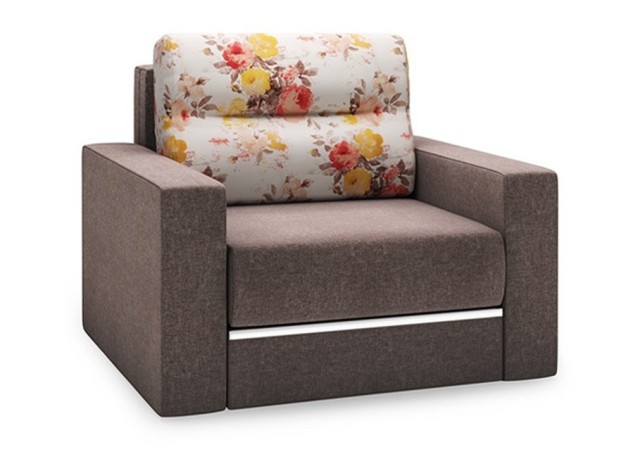Žaismingo dizaino mažas jaukus vienvietis miegamasis fotelis LAG-PRI su gėlių raštais ant pagalvėlės.