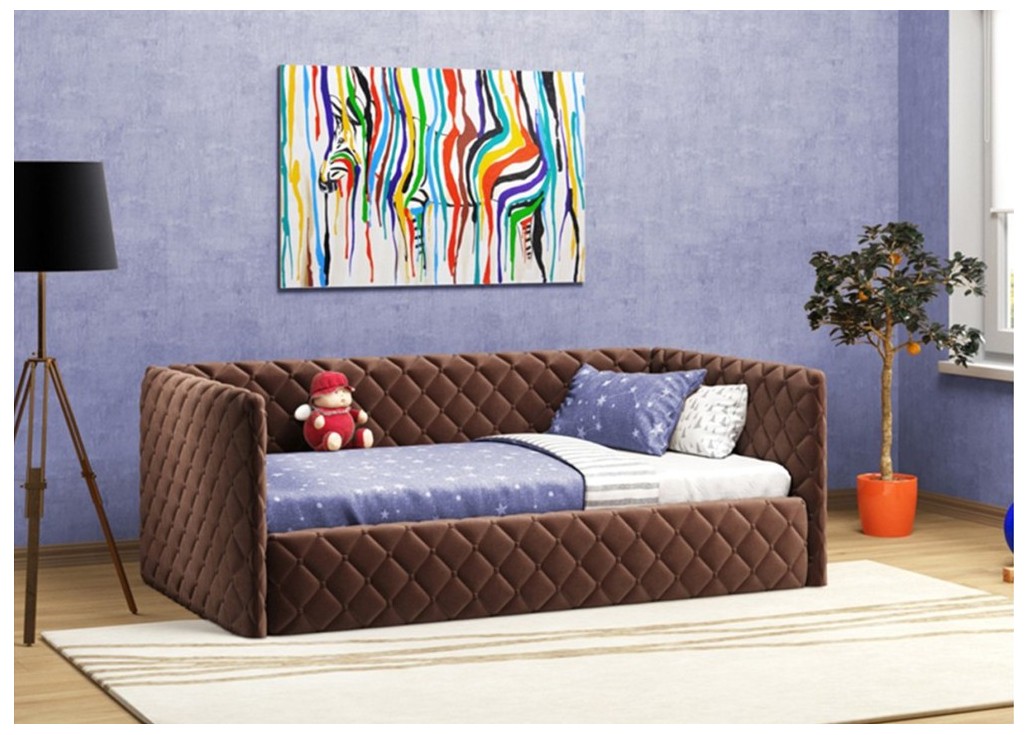 Rudos šokolado spalvos viengulė vaikiška lova su minkštais kraštais, patalynės dėže Eliza Soft