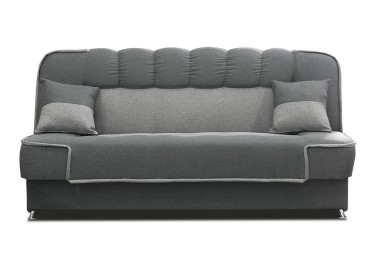 Pilkos spalvos maža jauki sofa-lova su patalynės dėže ir miegama funkcija