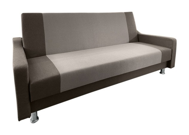 Dviejų atspalvių paprasta, nepretenzinga trivietė sofa-lova su chromuotomis kojelėmis, patalynės dėže ir miegojimo funkcija