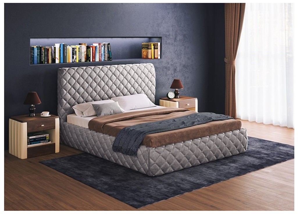 Harmonija - žavinga karališko dizaino dvigulė lova su pilkos spalvos veliūriniu audiniu ir patalynės dėže
