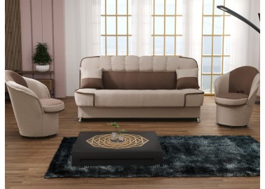 Šviesiai rudos spalvos trijų baldų komplektas ROB-PAT - sofa-lova ir du maži foteliukai su daiktadėžėmis