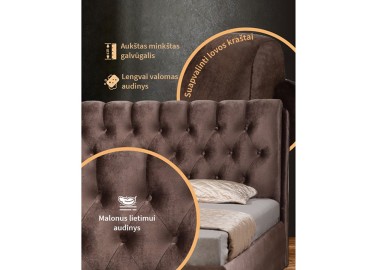 Smėlio spalvos elegantiško dizaino kokybiška tvirta lova su medinėmis grotelėmis, patalynės dėže - veliūrinė Imperija - 120x200, 140x200, 160x200, 180x200