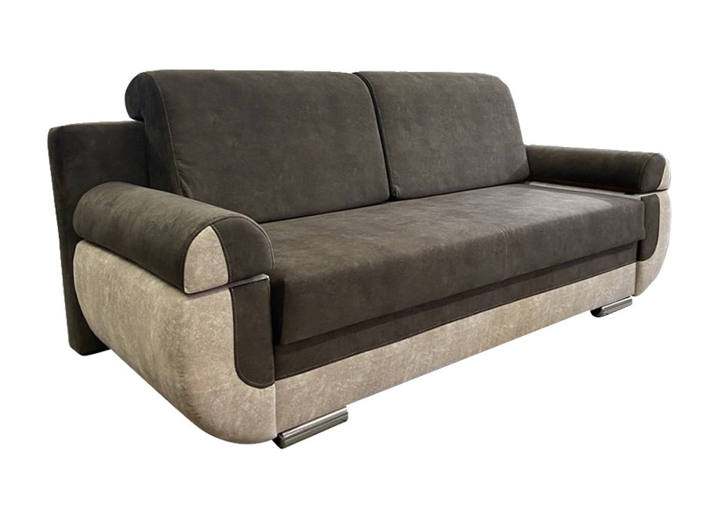 Rudos spalvos modernaus dizaino maža, jauki sofa-lova su patalynės dėže ir metalinėmis kojelėmis Nina