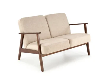 Dviejų vietų sofa su tvirtu mediniu rėmu ir kreminės spalvos pagalvėlėmis.Tai minimalistinio ir klasikinio stiliaus baldas, idealiai tinkantis elegantiškam ir jaukiam interjerui, siūlantis patogumą bei stabilumą.