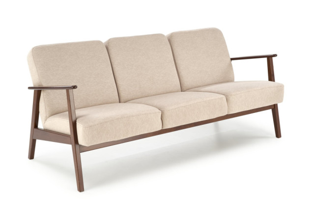 Trijų vietų sofa su tvirtu mediniu rėmu ir kreminės spalvos pagalvėlėmis.

Tai minimalistinio ir klasikinio stiliaus baldas, idealiai tinkantis elegantiškam ir jaukiam interjerui, siūlantis patogumą bei stabilumą.