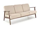 Trijų vietų sofa su tvirtu mediniu rėmu ir kreminės spalvos pagalvėlėmis.Tai minimalistinio ir klasikinio stiliaus baldas, idealiai tinkantis elegantiškam ir jaukiam interjerui, siūlantis patogumą bei stabilumą.