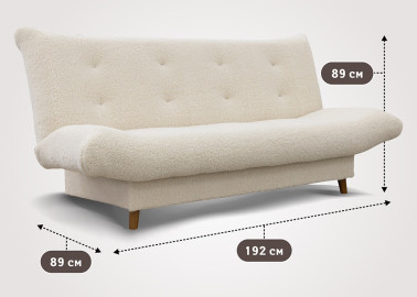Baltos spalvos maža stilinga sofa-lova su Bouckle audiniu, su metalinėmis kojelėmis, miegama funkcija ir patalynės dėže
