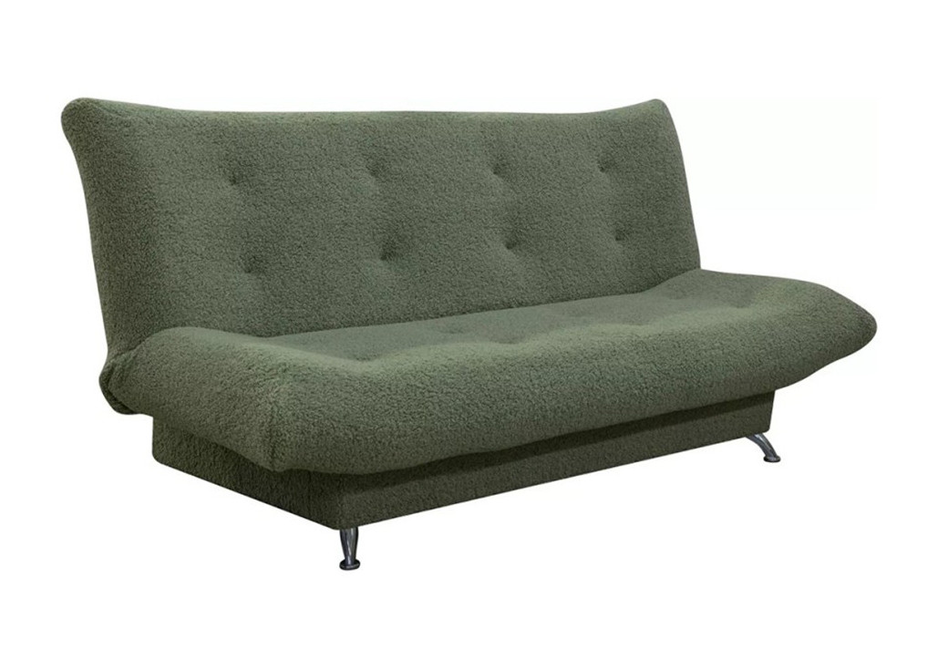 Žalios spalvos maža stilinga sofa-lova su Bouckle audiniu, su metalinėmis kojelėmis, miegama funkcija ir patalynės dėže
