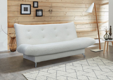 Baltos spalvos maža stilinga sofa-lova su Bouckle audiniu, su metalinėmis kojelėmis, miegama funkcija ir patalynės dėže