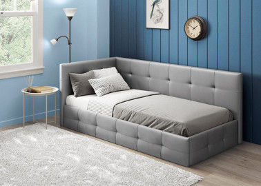 Pilkos spalvos elegantiška viengulė lova su minkštais kraštais ir dviejų kraštų Boss