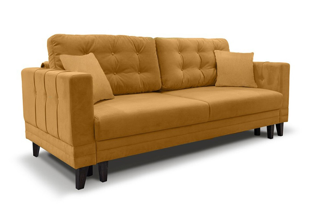 Garstyčių spalvos trivietė daili sofa-lova su patalynės dėže miegama funkcija medinėmis kojelėmis