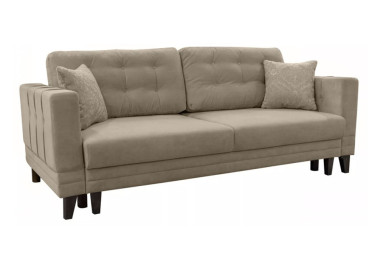 Pilkos spalvos trivietė daili sofa-lova su patalynės dėže miegama funkcija medinėmis kojelėmis