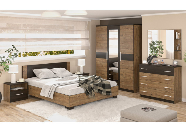 5 baldų miegamojo komplektas, kurį sudaro trijų durų spinta su veidrodžiu, dvigulė lova, komoda ir dvi naktinės spintelės. Modernus dizainas, graži ruda spalva