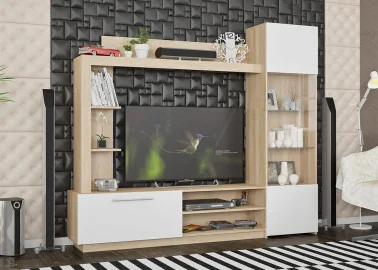 Baltos ir sonoma ąžuolo šviesiai rudos spalvos modernaus minimalizmo sekcija Trento. Yra skirta erdvė televizoriui bei vitrina su stiklu.