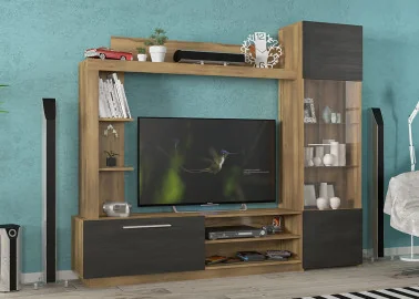 Tamsiai rudos ir baroko ąžuolo spalvos modernaus minimalizmo sekcija Trento. Yra skirta erdvė televizoriui bei vitrina su stiklu.