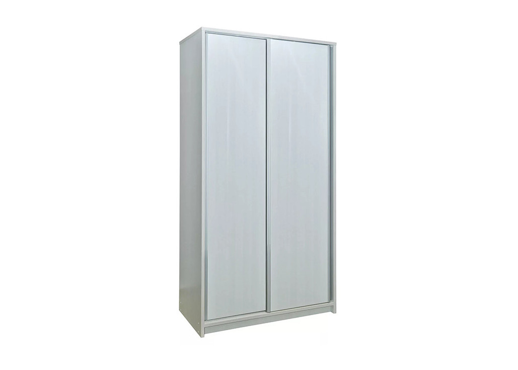 Nepretenzinga dviejų durų 120 cm pločio spinta stumdomomis durimis, šviesiai pilkos Karelijos pušies spalvos spinta su stalčiais, lentynomis ir erdve pakabinti drabužius