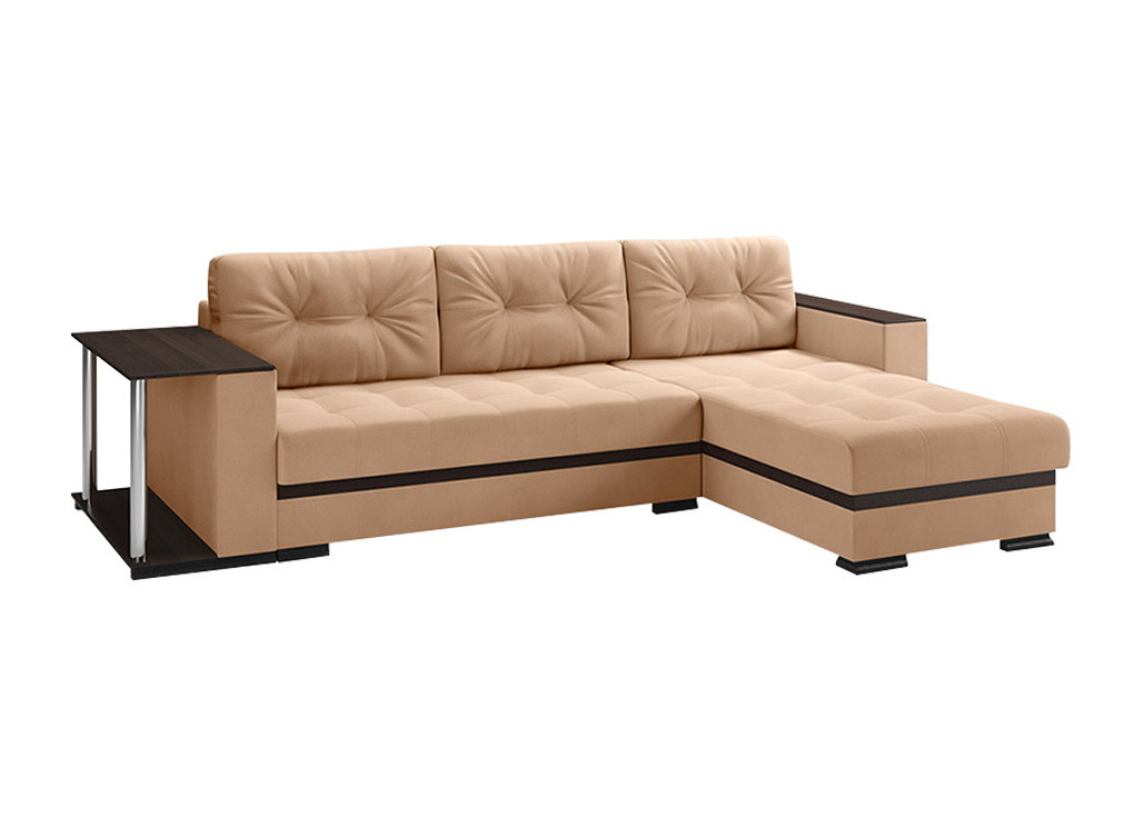Šviesiai rudos smėlio spalvos universalus minkštas kampas LAG-SER-STA su mediniais porankiais ir staliuku, patalynės dėže ir plačia miegojimo funkcija.