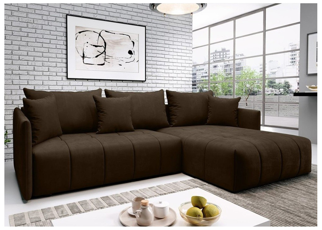 Tamsiai rudos spalvos modernus veliurinis kietas svetainės kampas ROB-DON su patalynės dėže ir miegojimo funkcija
