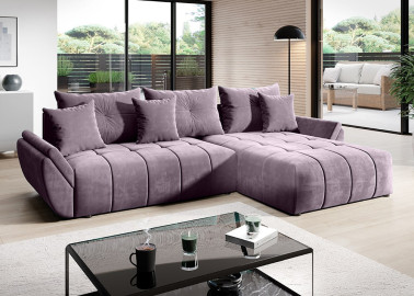 Purpurinės spalvos veliūrinis modernus minkštas kampas su patalynės dėže ir plačia miegama dalimi