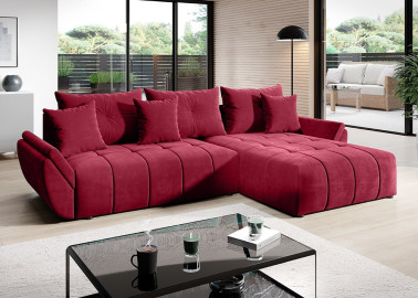 Raudonos spalvos veliūrinis modernus minkštas kampas su patalynės dėže ir plačia miegama dalimi
