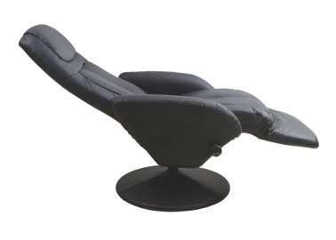 Juodos spalvos fotelis-reglaineris Optima, apsiūtas kokybiška eko oda. Fotelis turi nuleidžiamą atlošą ir į viršų pasikeliančią kojų atramą. Turi kelias fiksacijos pozicijas.