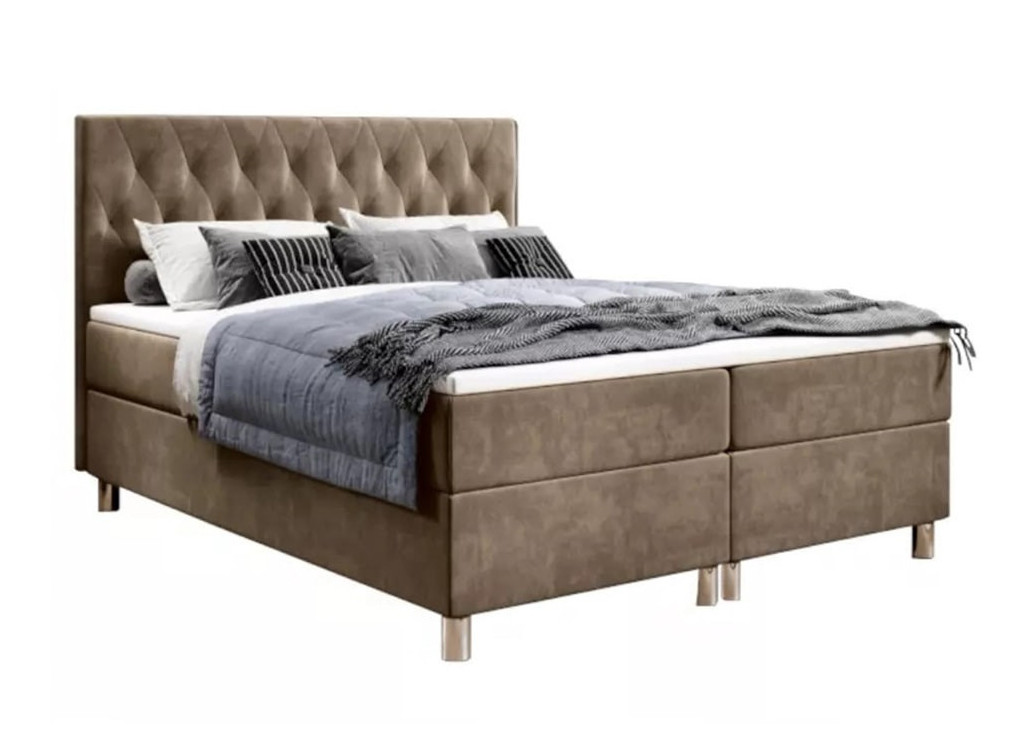 Šiuolaikiška, elegantiško modelio kontinentinė lova su dailiu galvūgaliu smėlio spalvos