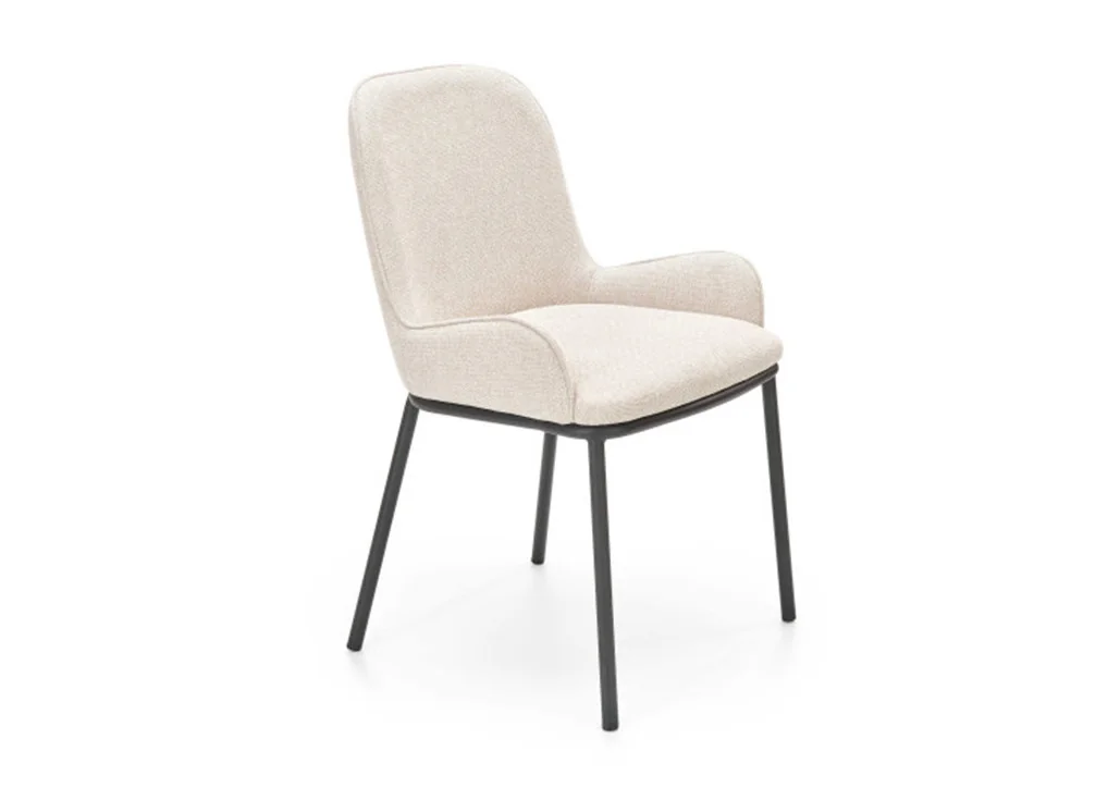 Smėlio spalvos elegantiško dizaino valgomojo kėdė K-481 su juodai dažytomis metalinėmis kojelėmis.