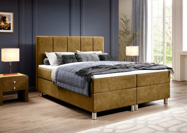 Šiuolaikiška, elegantiško modelio kontinentinė lova su dailiu galvūgaliu garstyčių spalvos