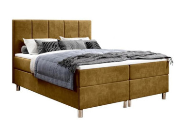 Šiuolaikiška, elegantiško modelio kontinentinė lova su dailiu galvūgaliu garstyčių spalvos