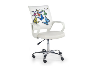 Žaismingo dizaino vaikiška darbo kėdė Ibis Butterfly, pasiūta iš eko odos ir gobeleno. Kėdės atlošas puoštas drugeliais. Darbo kėdė su ratukais ir pakėlimo mechanizmu.