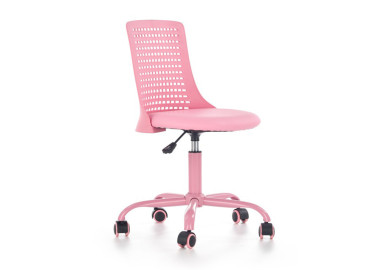 Rožinės spalvos vaikiška darbo kėdė su guminiai ratukais ir pakėlimo mechanizmu. Kėdė apsiūta eko odos ir audinio deriniu.