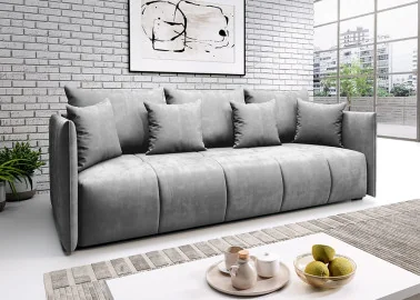 Elegantiška ir moderni veliūrinio audinio sofa-lova su pagalvėlėmis šviesiai pilkos spalvos Rob Asp