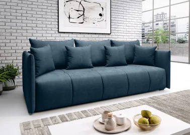 Elegantiška ir moderni veliūrinio audinio sofa-lova su pagalvėlėmis mėlynos spalvos Rob Asp