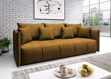Elegantiška ir moderni veliūrinio audinio sofa-lova su pagalvėlėmis garstyčių spalvos Rob Asp