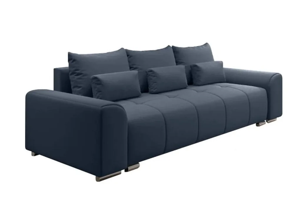 Šiuolaikiška modernaus dizaino sofa-lova su pagalvėlėmis, plačiais porankiais ir patalynės dėže mėlynos spalvos Rob Ast