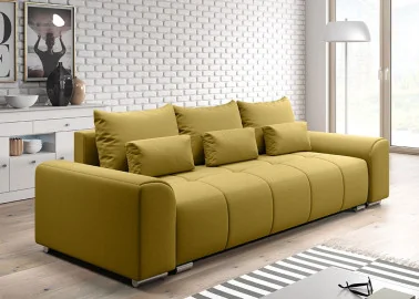 Šiuolaikiška modernaus dizaino sofa-lova su pagalvėlėmis, plačiais porankiais ir patalynės dėže garstyčių spalvos Rob Ast