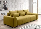 Šiuolaikiška modernaus dizaino sofa-lova su pagalvėlėmis, plačiais porankiais ir patalynės dėže garstyčių spalvos Rob Ast