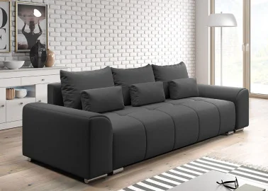 Šiuolaikiška modernaus dizaino sofa-lova su pagalvėlėmis, plačiais porankiais ir patalynės dėže juodos spalvos Rob Ast