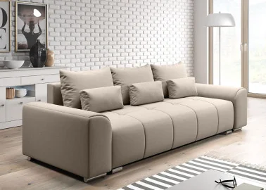 Šiuolaikiška modernaus dizaino sofa-lova su pagalvėlėmis, plačiais porankiais ir patalynės dėže kreminės spalvos Rob Ast
