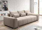 Šiuolaikiška modernaus dizaino sofa-lova su pagalvėlėmis, plačiais porankiais ir patalynės dėže kreminės spalvos Rob Ast