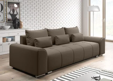 Šiuolaikiška modernaus dizaino sofa-lova su pagalvėlėmis, plačiais porankiais ir patalynės dėže rudos spalvos Rob Ast