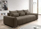 Šiuolaikiška modernaus dizaino sofa-lova su pagalvėlėmis, plačiais porankiais ir patalynės dėže rudos spalvos Rob Ast