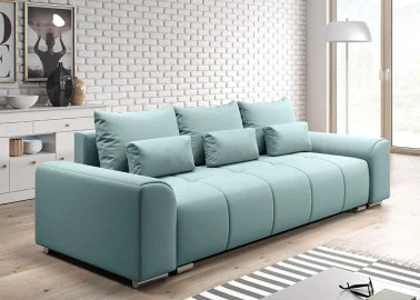 Šiuolaikiška modernaus dizaino sofa-lova su pagalvėlėmis, plačiais porankiais ir patalynės dėže šviesiai mėlynos spalvos Rob Ast
