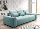 Šiuolaikiška modernaus dizaino sofa-lova su pagalvėlėmis, plačiais porankiais ir patalynės dėže šviesiai mėlynos spalvos Rob Ast