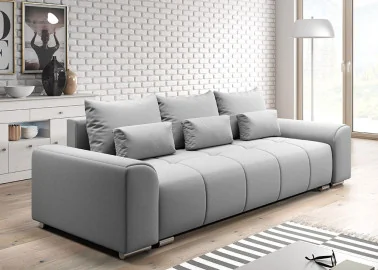 Šiuolaikiška modernaus dizaino sofa-lova su pagalvėlėmis, plačiais porankiais ir patalynės dėže šviesiai pilkos spalvos Rob Ast